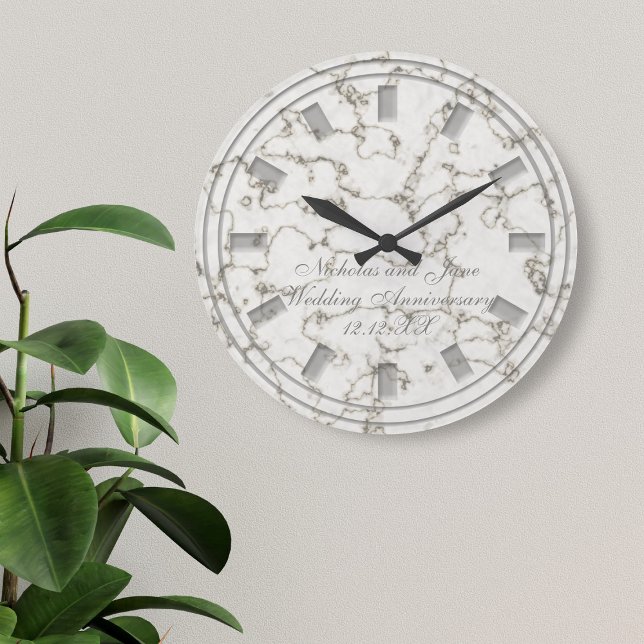 Elegant bröllop-årsdagen Faux Marble Clock Stor Klocka (Just add your names and wedding anniversary date to this faux marble wall clock)