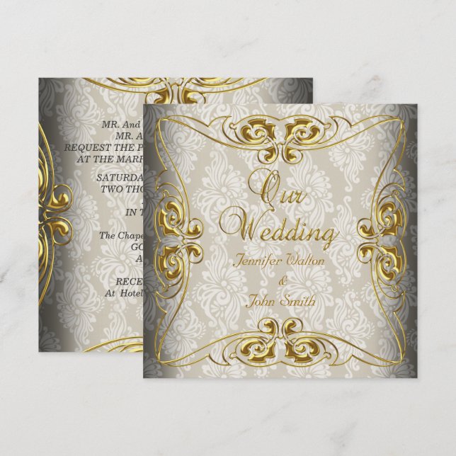 Elegant bröllop Beige Guld Damask Inbjudningar (Fram/baksida)