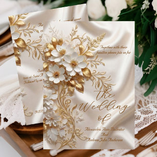 Elegant bröllop beige vit guld blommig silke inbjudningar