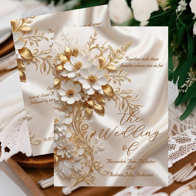 Elegant bröllop beige vit guld blommig silke inbjudningar (Skapare uppladdad)