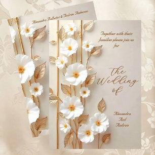 Elegant Bröllop Beige Vita Blommor Guld Bambu Inbjudningar