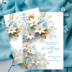 Elegant Bröllop Blå Vit Spets Guld Blommor Inbjudningar