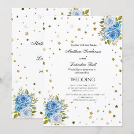Elegant bröllop Blåa blommor guld stjärnor Inbjudningar