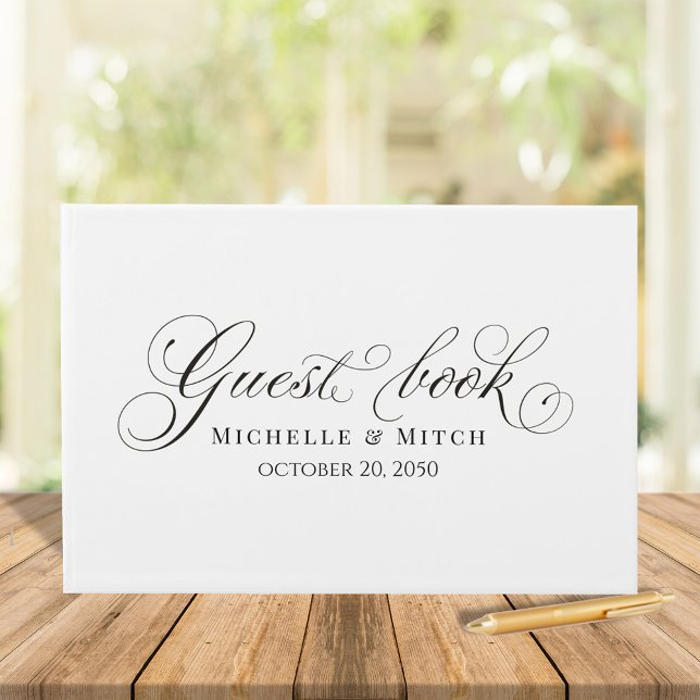 Elegant bröllop Black and White Calligraphy-skript Gästböcker (Wedding guest book simple calligraphy script minimalist black and white. )
