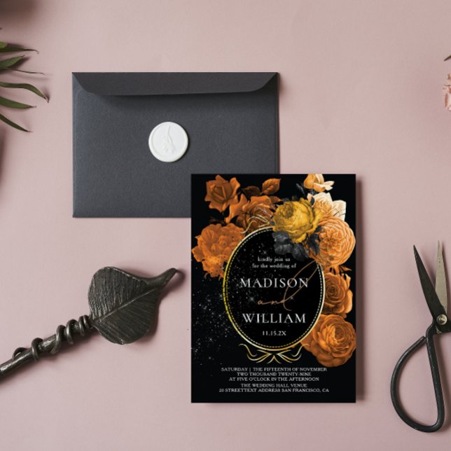 Elegant bröllop Black Orange Blommigt Inbjudningar (Skapare uppladdad)