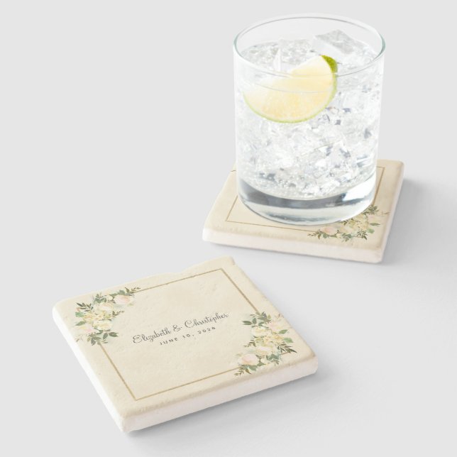 Elegant bröllop Blommigt Ro Metallic Guld Eggshell Stenunderlägg (Sidan)