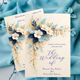 Elegant bröllop Blue White Cream Guld Flowers Inbjudningar