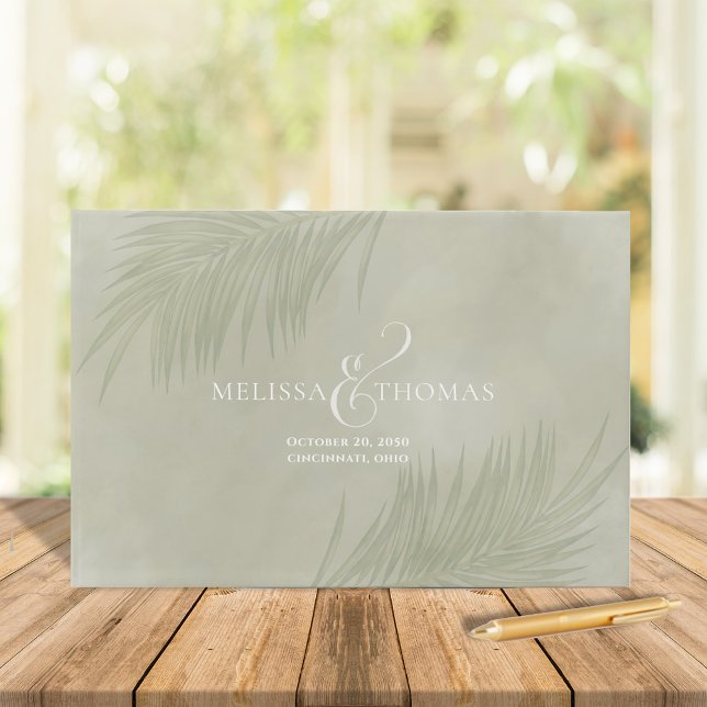 Elegant bröllop Boho Minimalist Handflatan Löv Gästböcker (Elegant palm leaves botanical wedding guest book.)