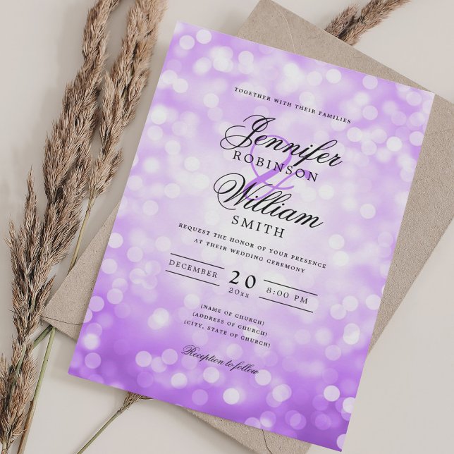 Elegant bröllop Bokeh Ljus Romantic Lila Inbjudningar (Elegant Wedding Bokeh Lights Romantic Purple Invitation)