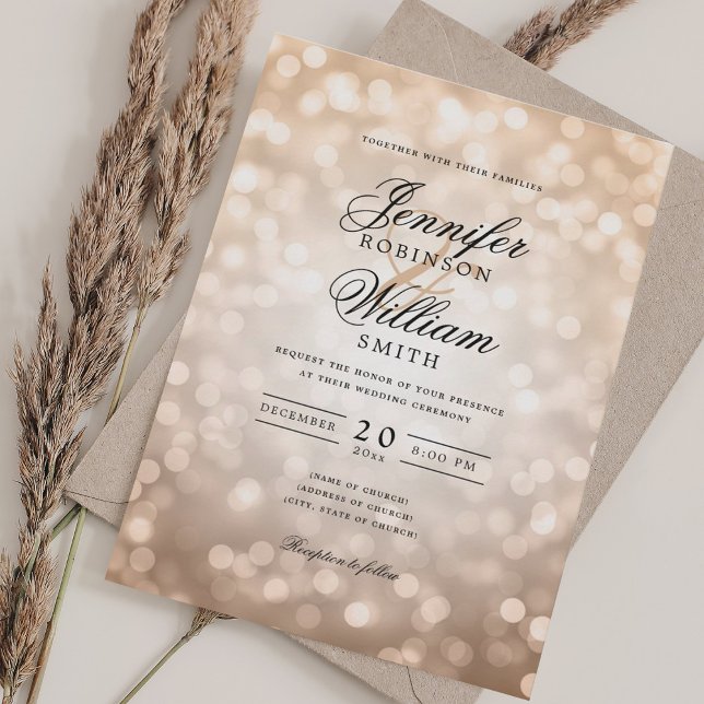 Elegant bröllop Bokeh Ljus Romantic Ro Guld Inbjudningar (Elegant Wedding Bokeh Lights Romantic Rose Gold Invitation)