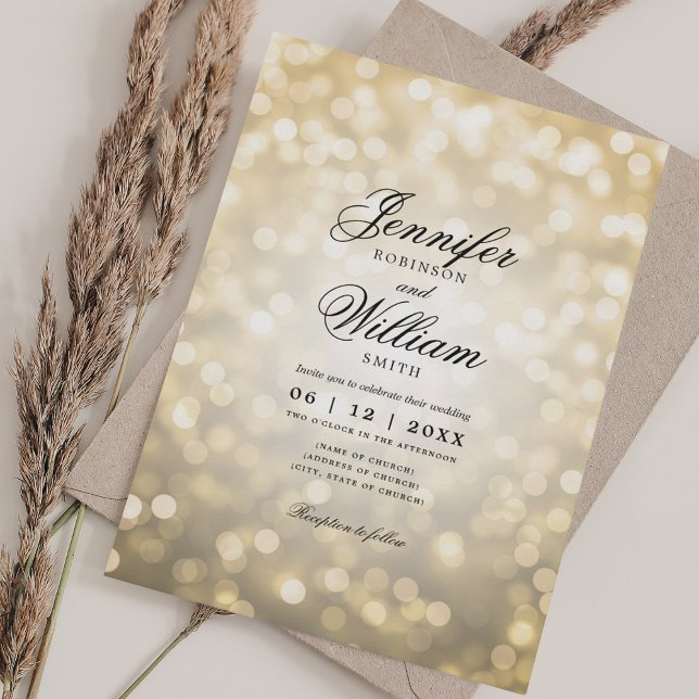 Elegant bröllop Bokeh Ljus Romantic Script Guld Inbjudningar (Elegant Wedding Bokeh Lights Romantic Script Gold Invitation)