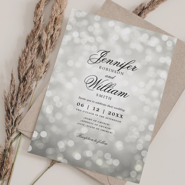 Elegant bröllop Bokeh Ljus Romantic Silver Inbjudningar (Elegant Wedding Bokeh Lights Romantic Silver Invitation)