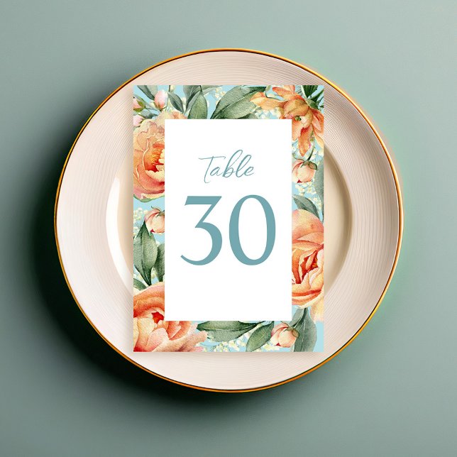 Elegant bröllop Bordsnummer Blue Peach Blommigt (Elegant watercolor wedding table number with peach and blue floral. )