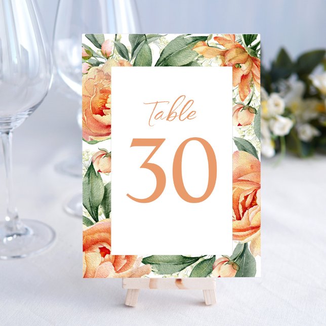 Elegant bröllop Bordsnummer Peach-Blommigt (Elegant watercolor wedding table number with peach and blue floral. )
