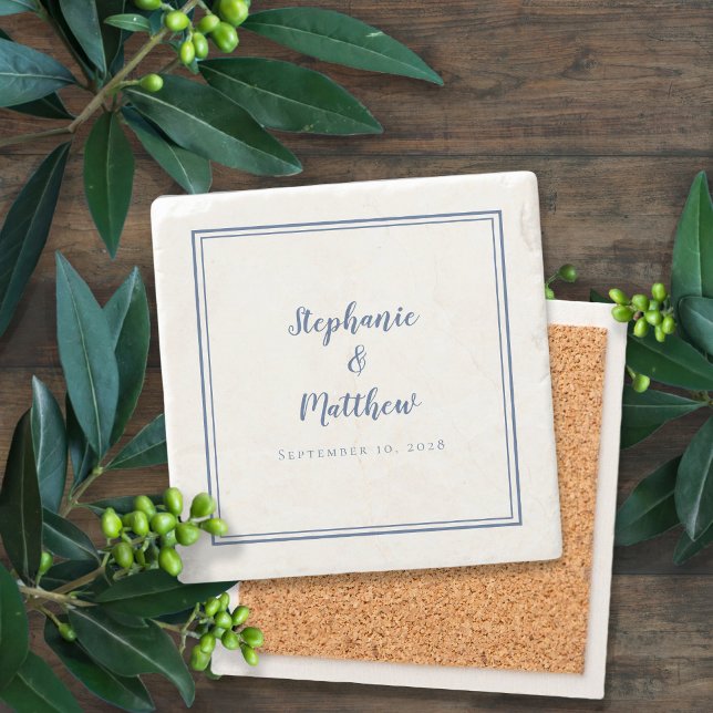 Elegant bröllop Bride & Groom Anpassningsbar Blue  Stenunderlägg (Elegant Wedding Marriage Anniversary Date Custom Couple Keepsake Gift Blue & White Stone Coasters )