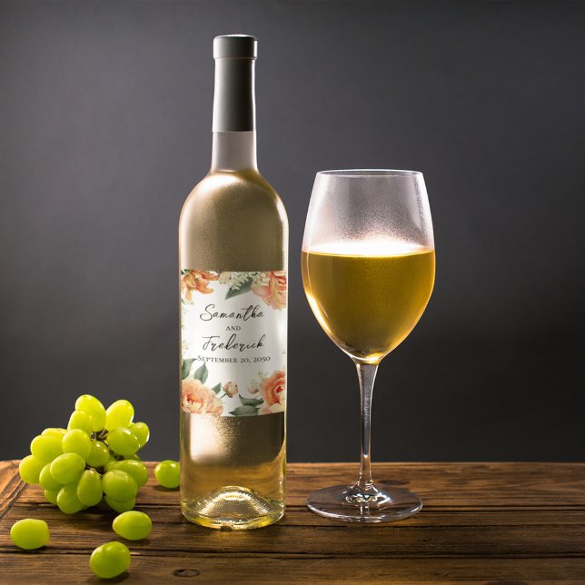 Elegant bröllop Bride och Groom Vinflaska Etikett (Peach floral wedding wine bottle label)