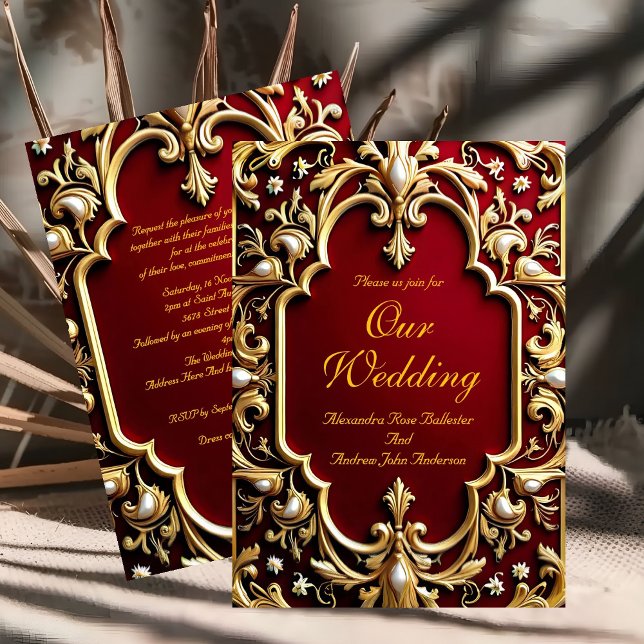 Elegant bröllop Burgunder Guld Ornamenterad Röd Pä Inbjudningar (Skapare uppladdad)