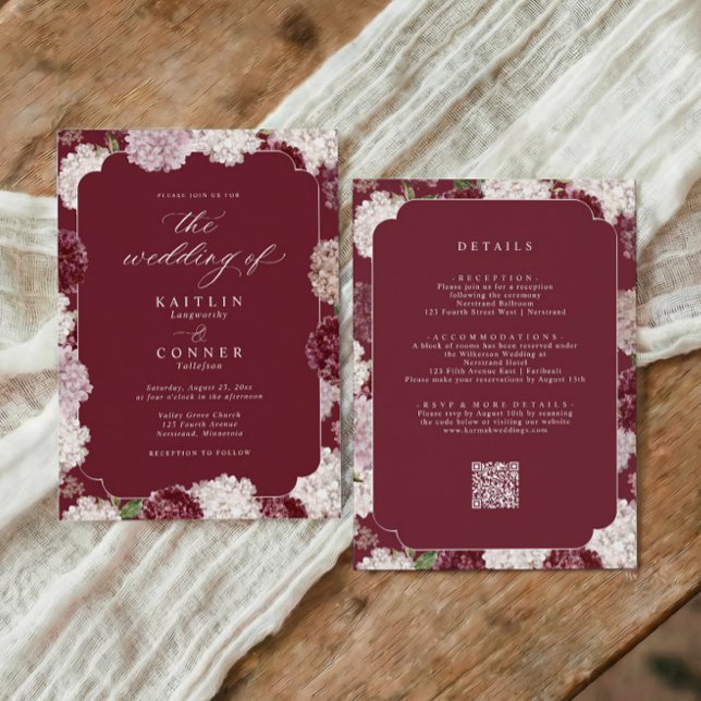 Elegant Bröllop Burgunder Hydrangea Höst Allt i Et Inbjudningar (Burgundy hydrangea all in one wedding invitation with vintage floral frame and script)
