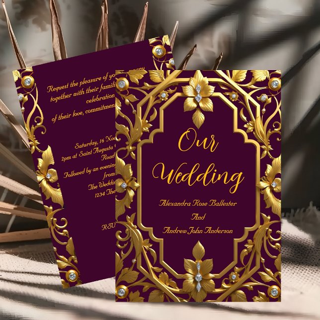 Elegant bröllop Burgundy Guld Ornamenterad Ram Blo Inbjudningar (Skapare uppladdad)