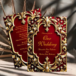 Elegant bröllop Burgundy Guld Ornate Red Pearls Inbjudningar