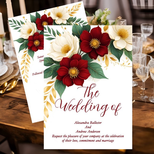 Elegant Bröllop Burgundy Vita Guld Blommor Inbjudningar (Skapare uppladdad)