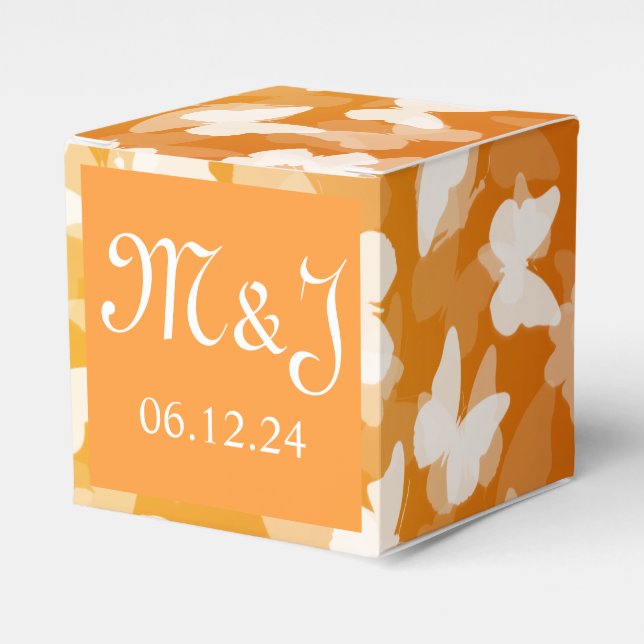Elegant bröllop Butterflies Monogram Orange Presentaskar (Framsidan Sidan)