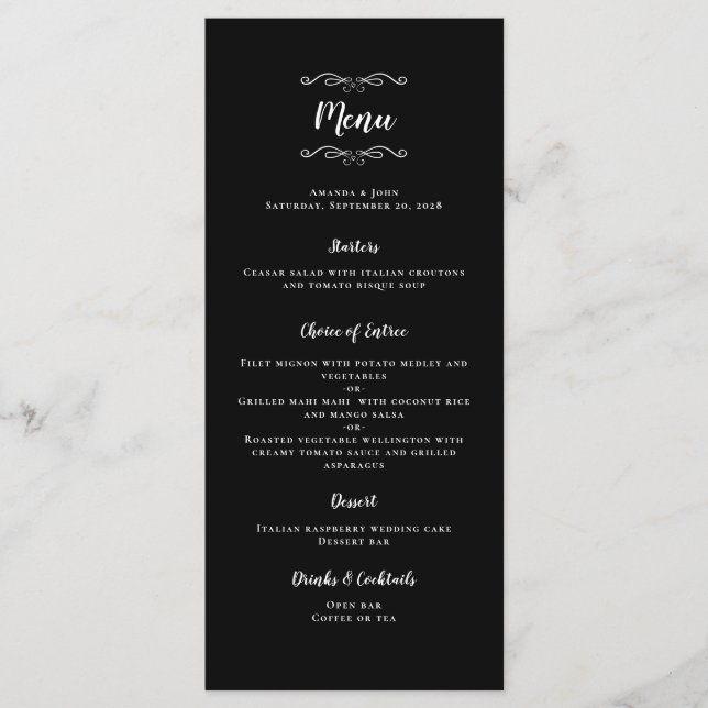 Elegant bröllop Calligraphy Black & White Dinner Meny (Framsida)