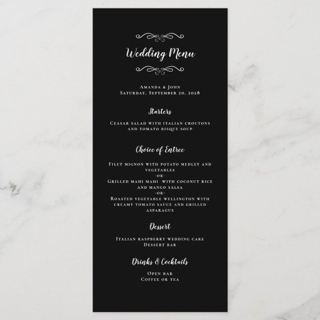 Elegant bröllop Calligraphy Chic Black White Guest Meny (Framsida)