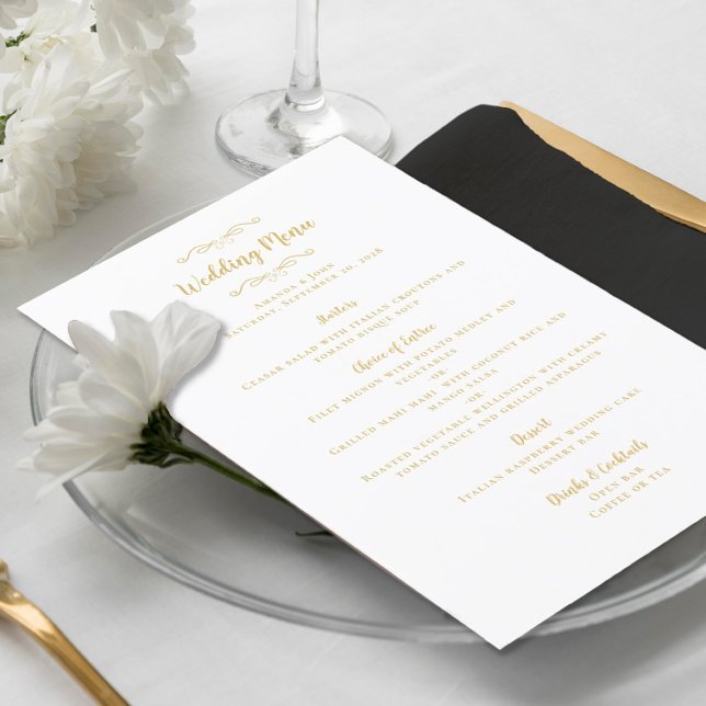 Elegant bröllop Calligraphy Chic Guld White Dinner Meny (Skapare uppladdad)