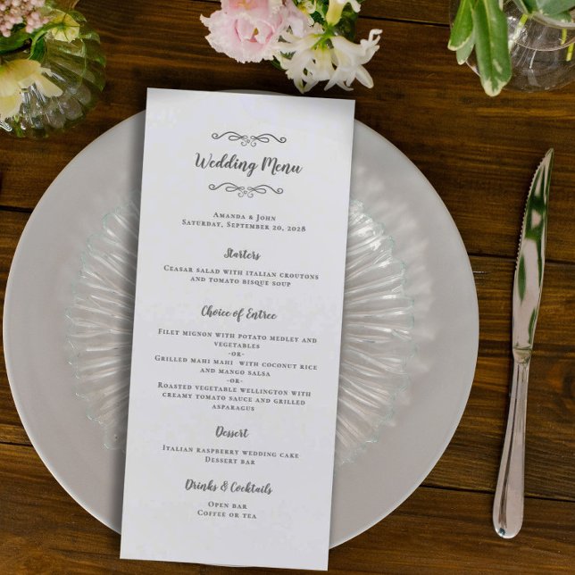 Elegant bröllop Calligraphy Grått White Dinner Chi Meny (Skapare uppladdad)