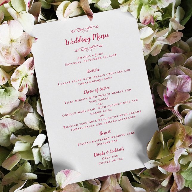 Elegant bröllop Calligraphy Magenta Guest Middag Meny (Elegant Wedding Calligraphy Magenta Red White Guest Dinner Menu)