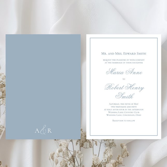 Elegant bröllop Calligraphy Script Dusty Blue Inbjudningar (Simple dusty blue classic wedding script invitation. )