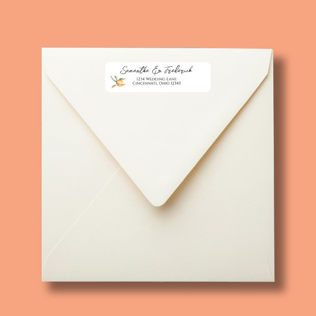Elegant bröllop Calligraphy-skript Returadress Etikett (Peach floral wedding return address labels.)