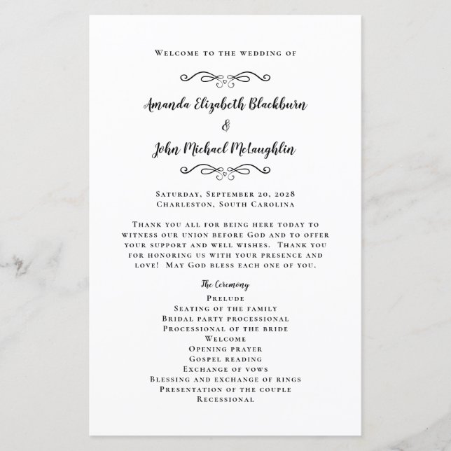 Elegant bröllop Ceremony Black White Guest Program (Framsida)