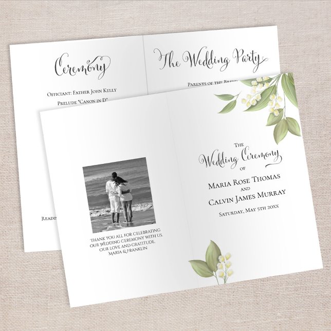 Elegant bröllop Ceremony Sage Greenery Foliage (Elegant lily of the valley floral wedding ceremony program with botanical greenery and classic typog)