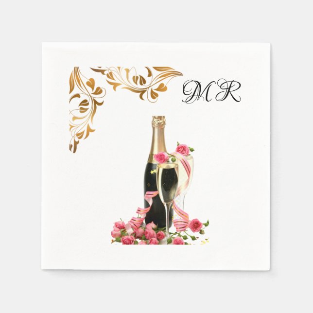 Elegant bröllop Champagne Monogram Cocktail Napkin Pappersservett (Framsidan)