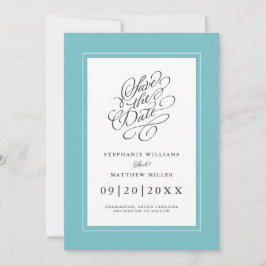 Elegant bröllop Chic Calligraphy Aqua Blue Grönt Spara Datumet