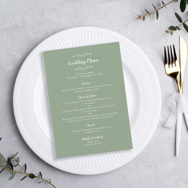 Elegant bröllop Chic Calligraphy Sage Grönt Dinner Meny (Skapare uppladdad)