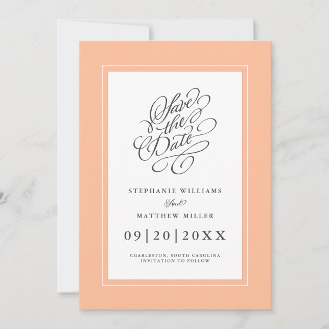 Elegant bröllop Chic Calligraphy Trendig Peach Chi Spara Datumet (Framsida)
