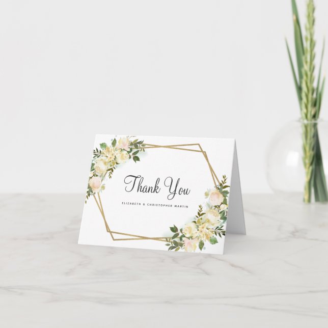 Elegant Bröllop Chic Guld Ram Ros Blommig Tack Kort (Framsida)