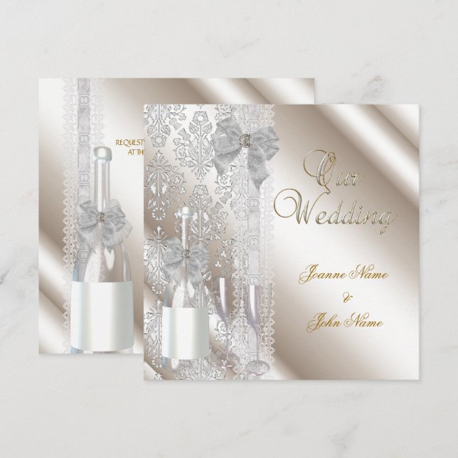 Elegant bröllop Damask Cream White Champagne Inbjudningar (Fram/baksida)