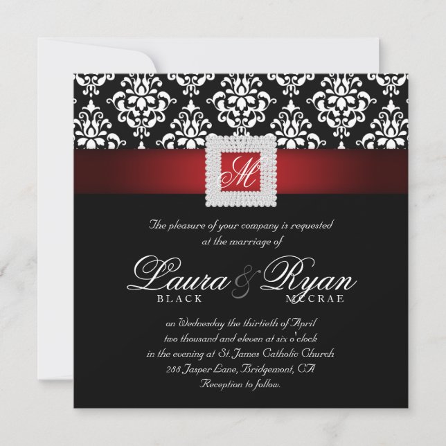 Elegant bröllop Damask judar Red Black White Sq Inbjudningar (Framsida)