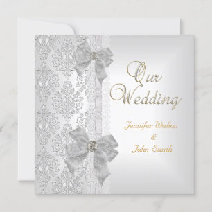 Elegant bröllop Damask Silver White Bow Set Inbjudningar