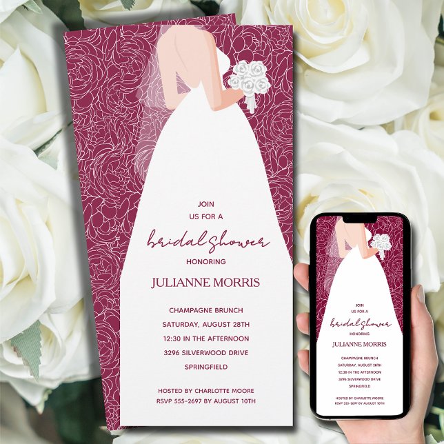 Elegant bröllop Dress Möhippa Cranberry Inbjudningar (Bride in her wedding dress overlays white rose sketch pattern on cranberry bridal shower invitations)