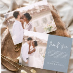 Elegant bröllop Dusty Blue Tack Photo Inbjudningar<br><div class="desc">Ett minimalistiskt Dusty Blue Bröllop-tack för att du har ett foto på framsidan och baksidan. Tack-korten innehåller en modern handskriven kursiv skripttypografi som är elegant,  enkel och modern till använda efter att du bröllopsdag firande.</div>