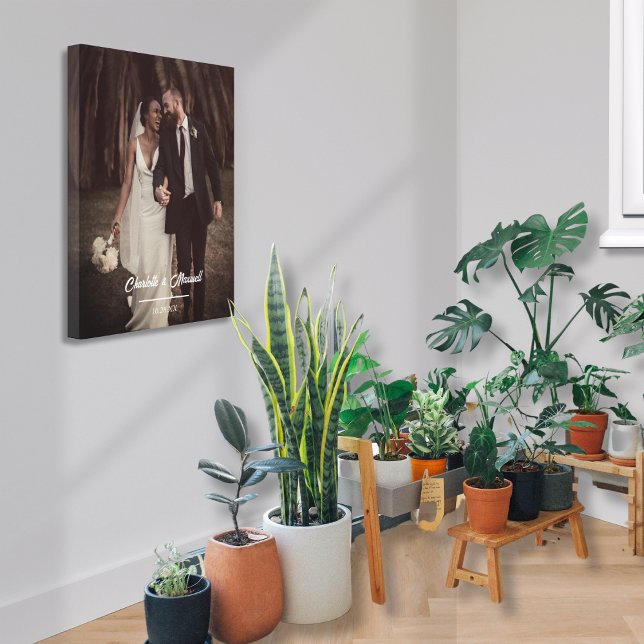 Elegant bröllop fotoskript par Namn och datum Canvastryck (Beautiful Romantic Rustic Wedding Photo with Couple's Names & Wedding Date Anniversary Gift)