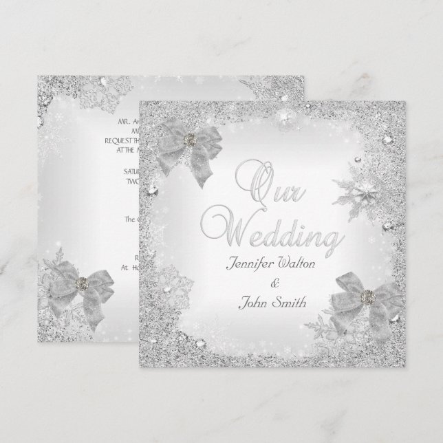 Elegant bröllop glitter silver vit båge inbjudningar (Fram/baksida)