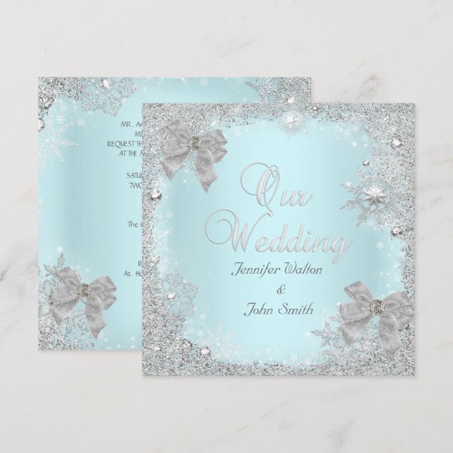 Elegant bröllop glitter turkos silver vit slinga inbjudningar (Fram/baksida)