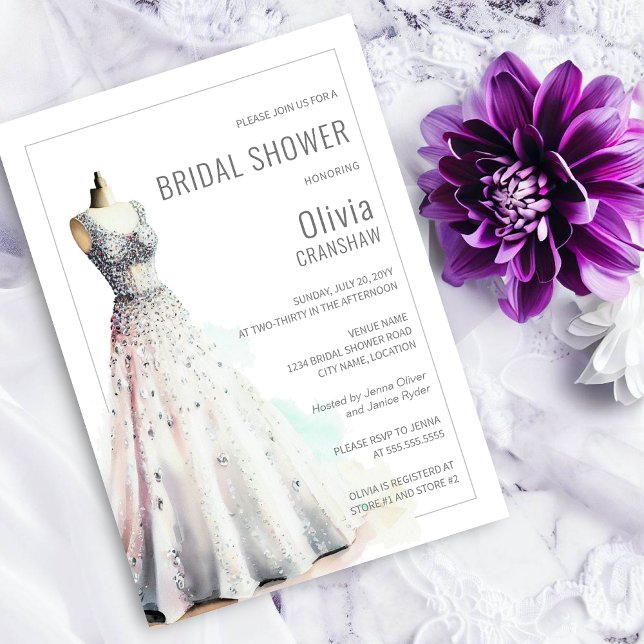 Elegant bröllop Gown Möhippa Inbjudningar (Beautiful bride to be bridal shower invitation with a beautiful, crystal encrusted wedding gown.)