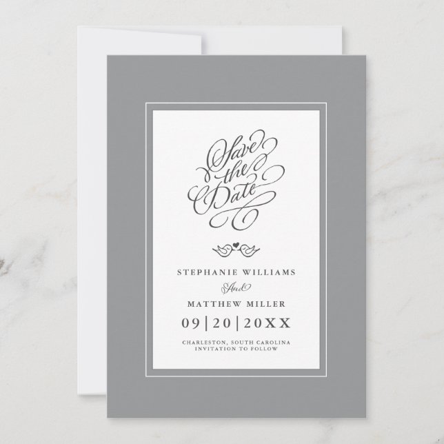 Elegant bröllop Grått Calligraphy Printable Digita Spara Datumet (Framsida)